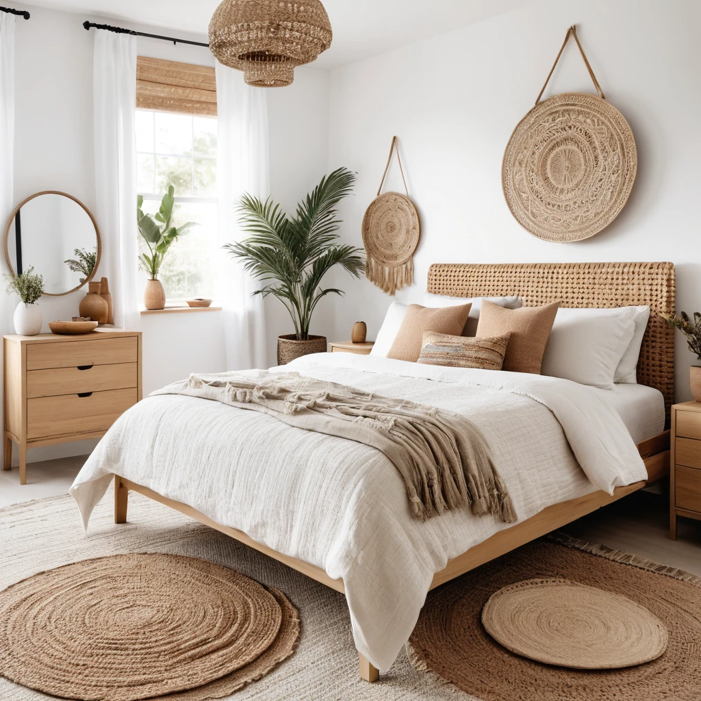 A bedroom combining clean white walls with light wood furniture.