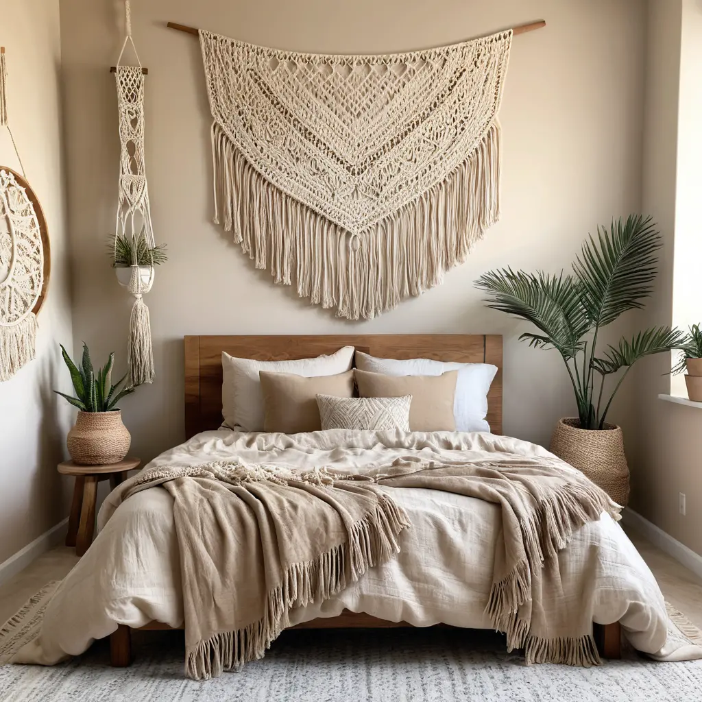 A bedroom with soft beige textured walls, wooden furniture, and a macrame wall hanging.