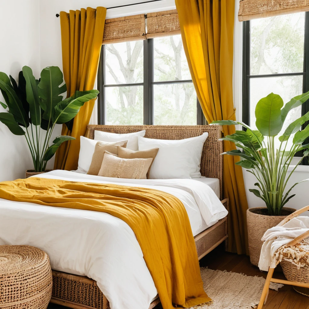 A cozy space with mustard yellow curtains, a neutral duvet, and potted greenery.