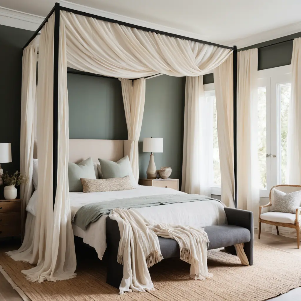 A canopy bed with light cotton drapes hanging elegantly.