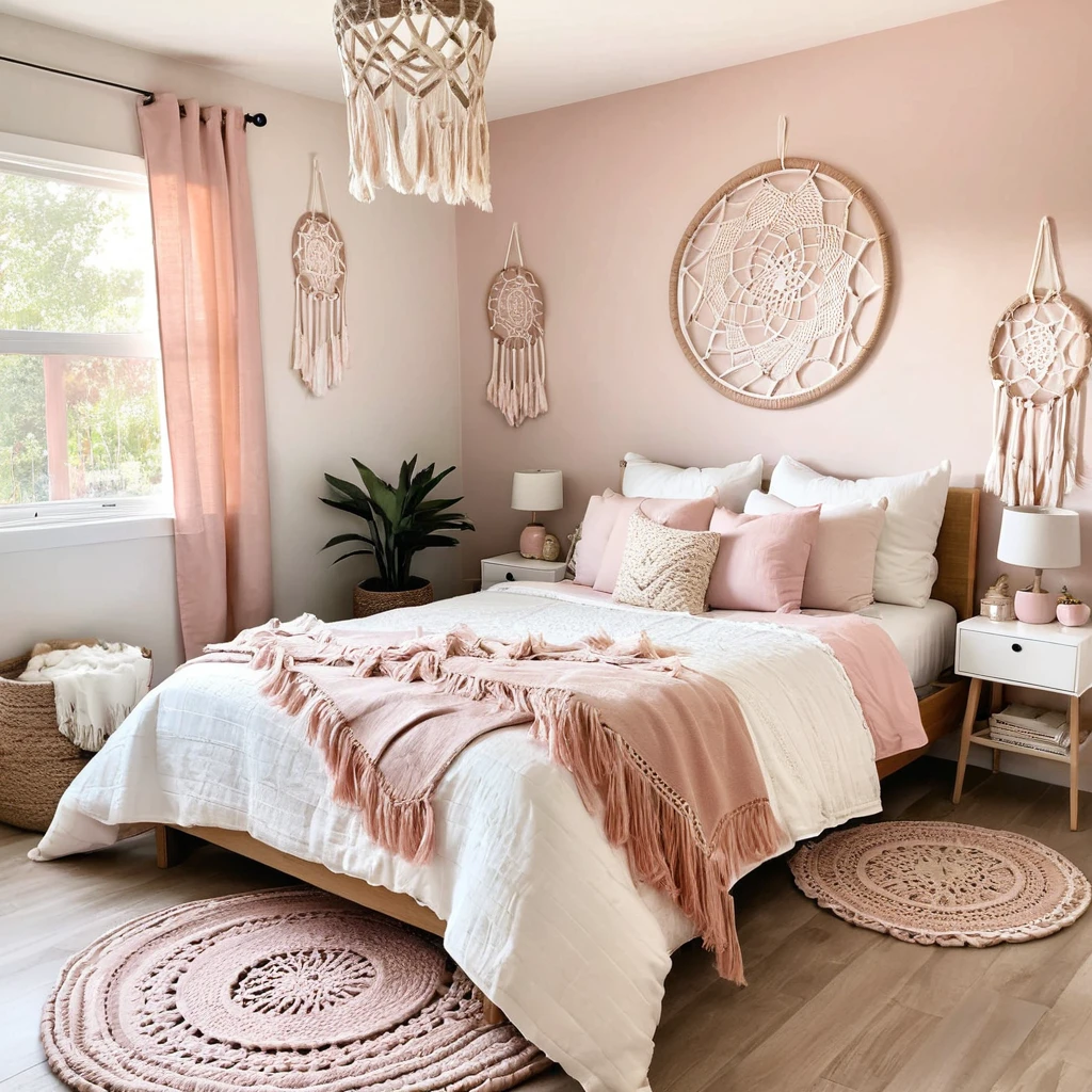 A teen’s bedroom featuring a white bedspread, blush pink cushions, and jute rugs