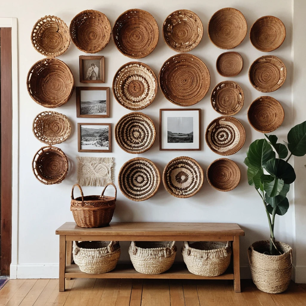 A wall filled with woven baskets, macrame art, and small framed photos. The gallery sits above a rustic wooden bench.