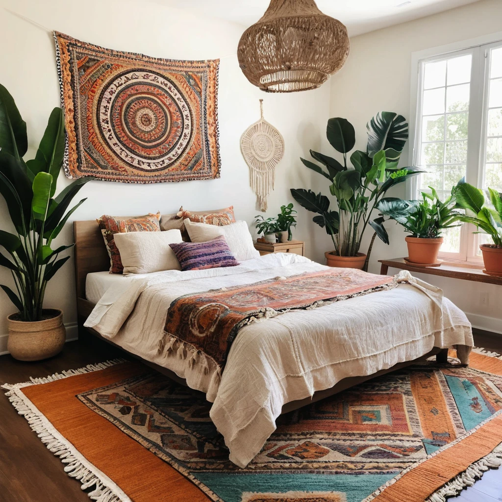 A boho room with a colorful patterned rug anchoring the space. 