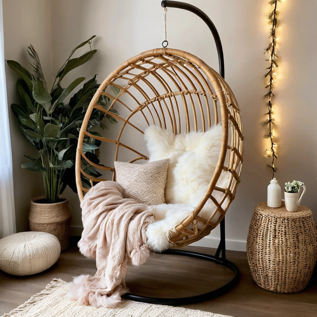  A hanging rattan chair with a fluffy cushion and a cozy throw. Fairy lights drape around the chair, adding a whimsical touch.

