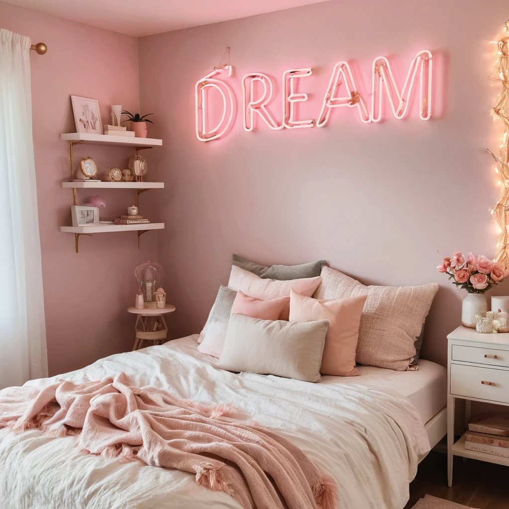 A bedroom corner with a pastel pink neon sign reading "Dream" and warm fairy lights hanging above. 