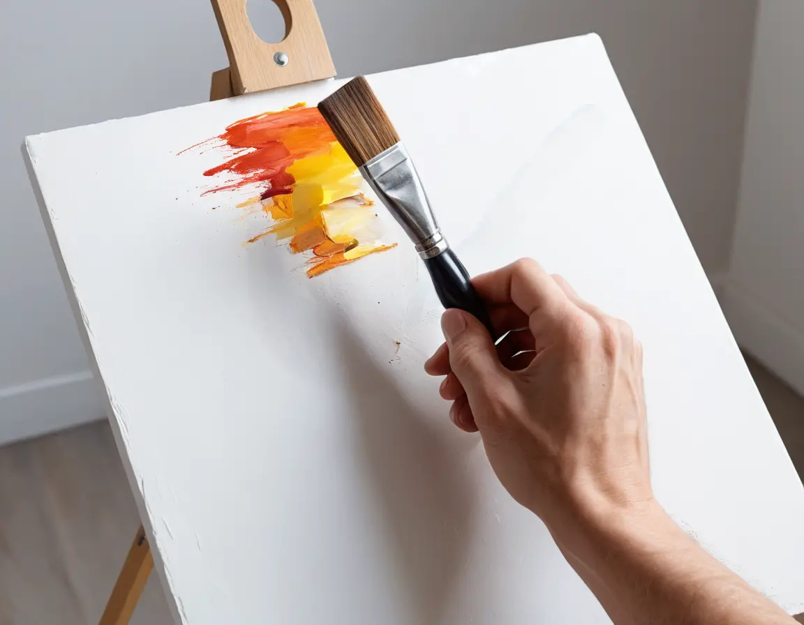 55 Timeless Art Quotes by Pablo Picasso A hand holding a paintbrush mid-stroke, creating a vivid masterpiece on a blank canvas.