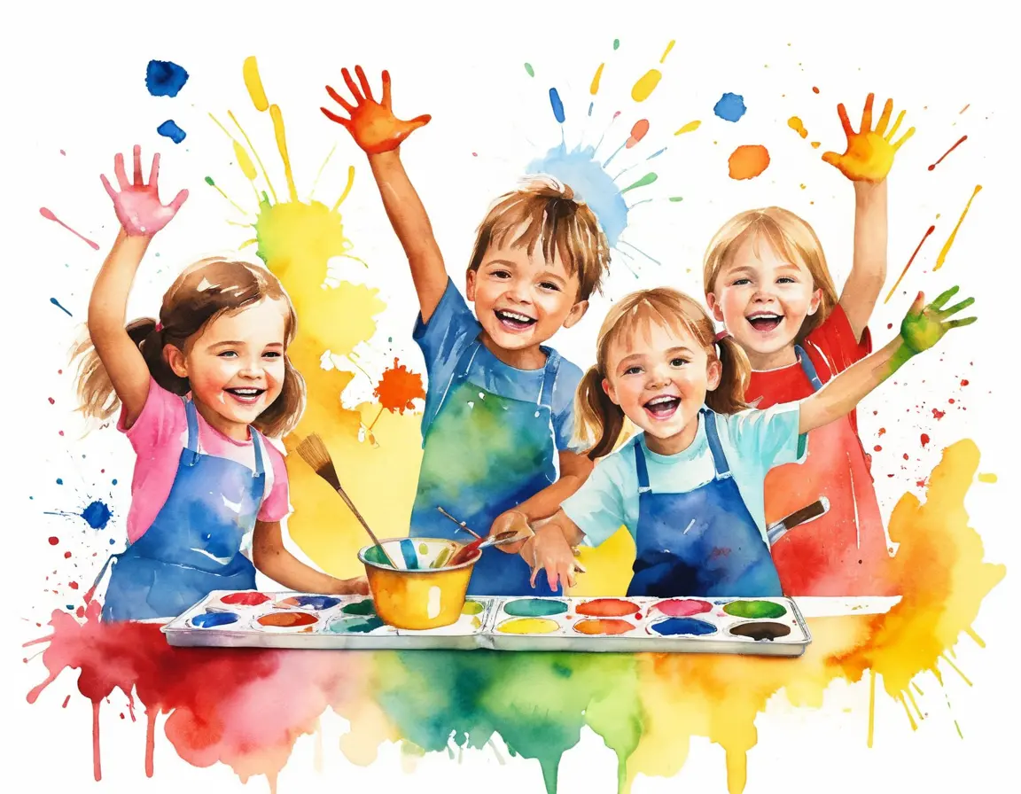 55 Timeless Art Quotes by Pablo Picasso A playful illustration of children painting wildly with bright colors, expressing joy and creativity.