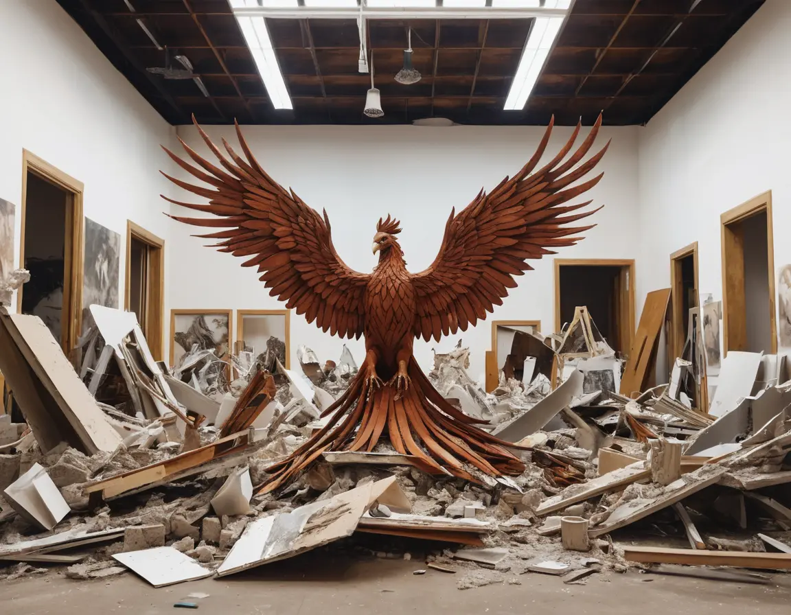 55 Timeless Art Quotes by Pablo Picasso A phoenix rising from ashes with a backdrop of broken sculptures and unfinished canvases.