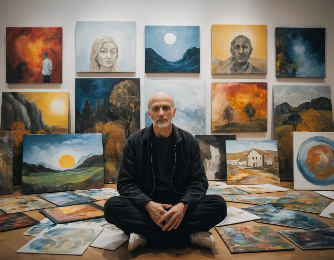 55 Timeless Art Quotes by Pablo Picasso An artist surrounded by paintings, each representing a different mood or memory.