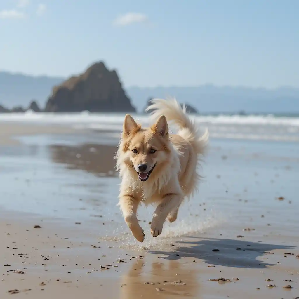 Dog running on Carmel Beach in California