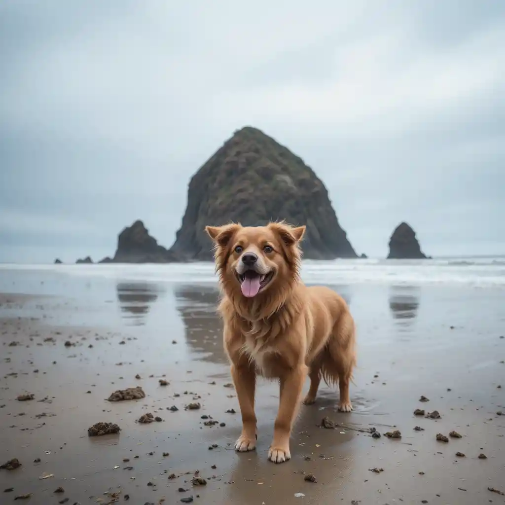 Dog playing near Haystack Rock at Cannon Beach, Oregon