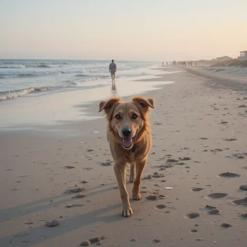 Dog walking on the beach in Outer Banks, North Carolina