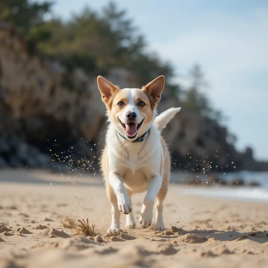 Dog playing on Coast Guard Beach in Cape Cod, Massachusetts