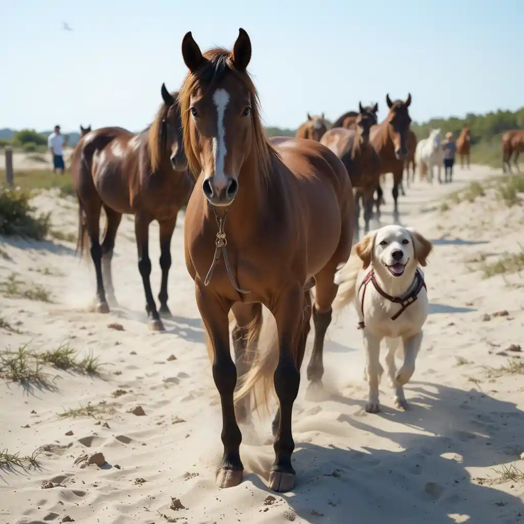 Dog walking on Assateague Island with wild horses in the background