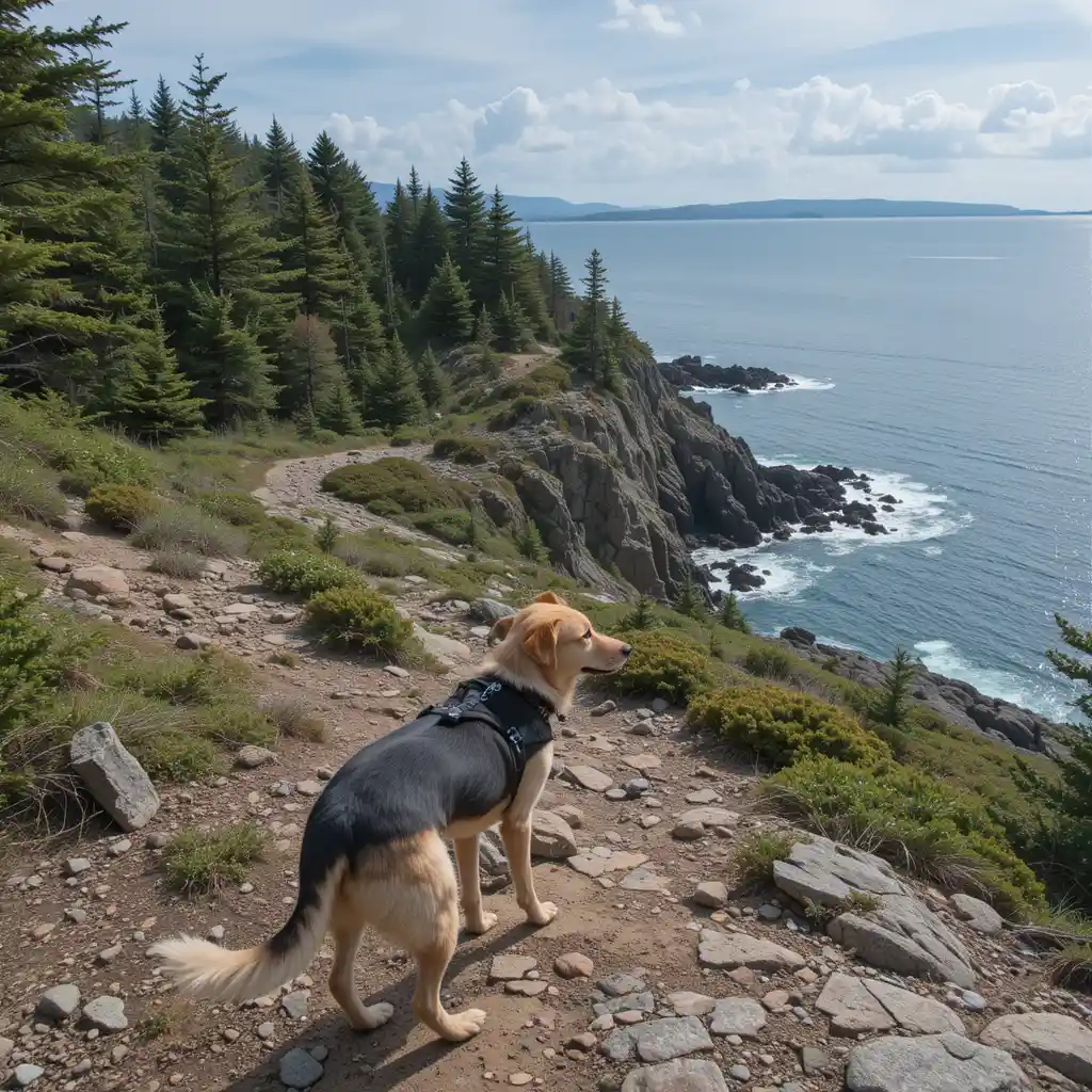 Dog hiking near the ocean in Acadia National Park, Maine