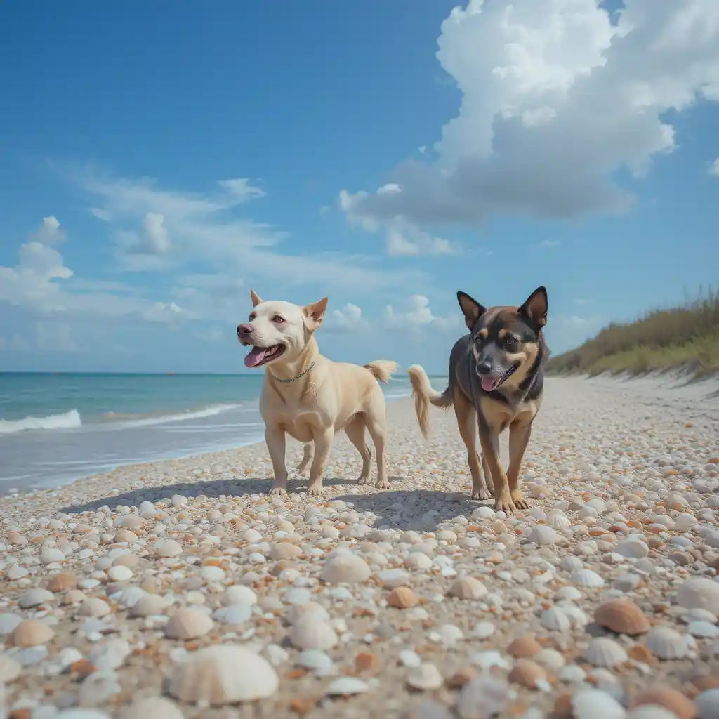 Dog walking on the shell-covered beach in Sanibel Island, Florida