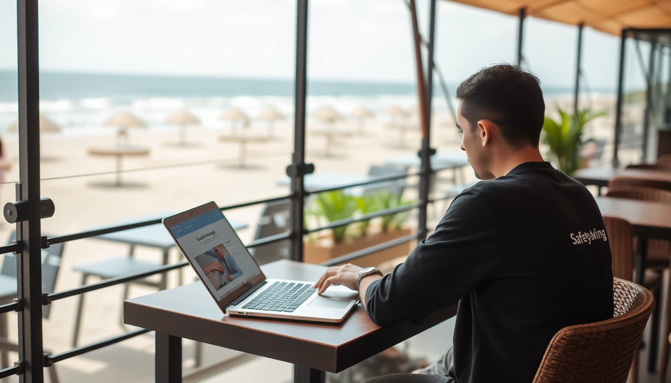 Digital nomad at a beach café exploring SafetyWing travel insurance affiliate programs.