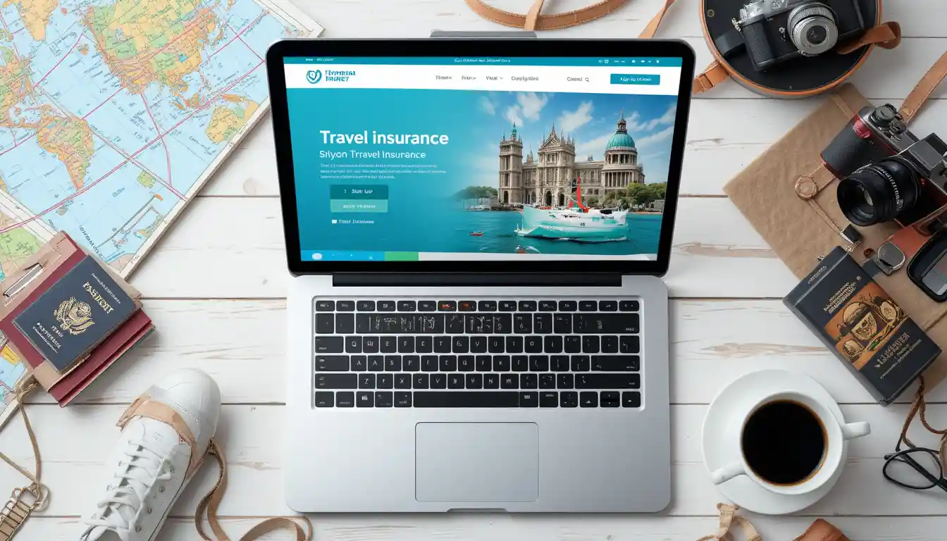 Laptop with a travel insurance website on the screen surrounded by travel accessories.