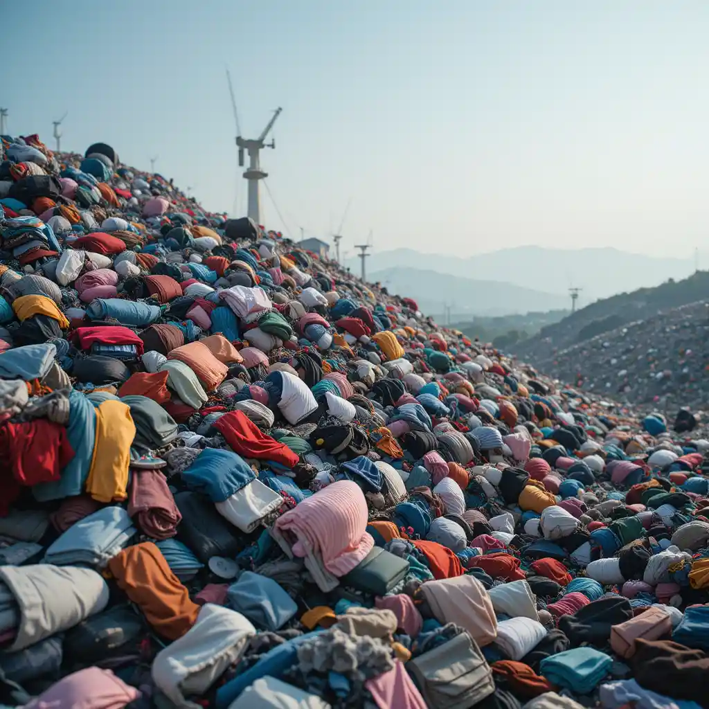 Fast fashion waste piled up in a landfill, highlighting the environmental impact.