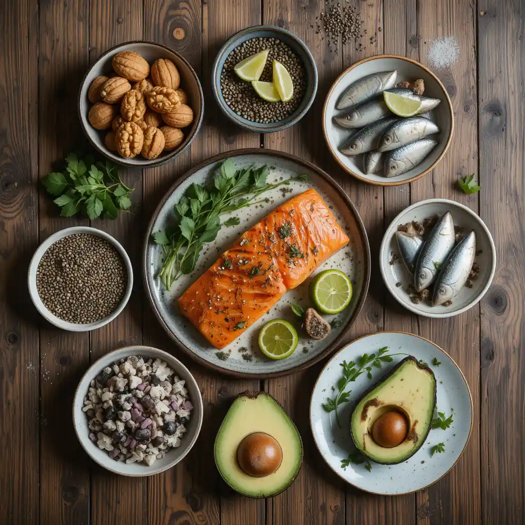 alimentos ricos em ômega-3 como salmão, nozes, chia e linhaça em uma mesa de madeira saudável