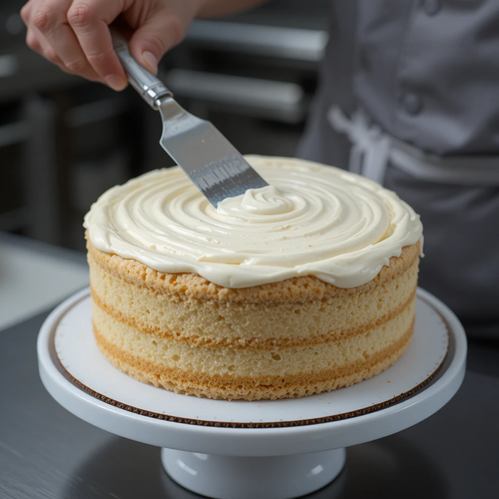 Chef spreading velvety white cream on cake layers - Professional Cream Cake technique