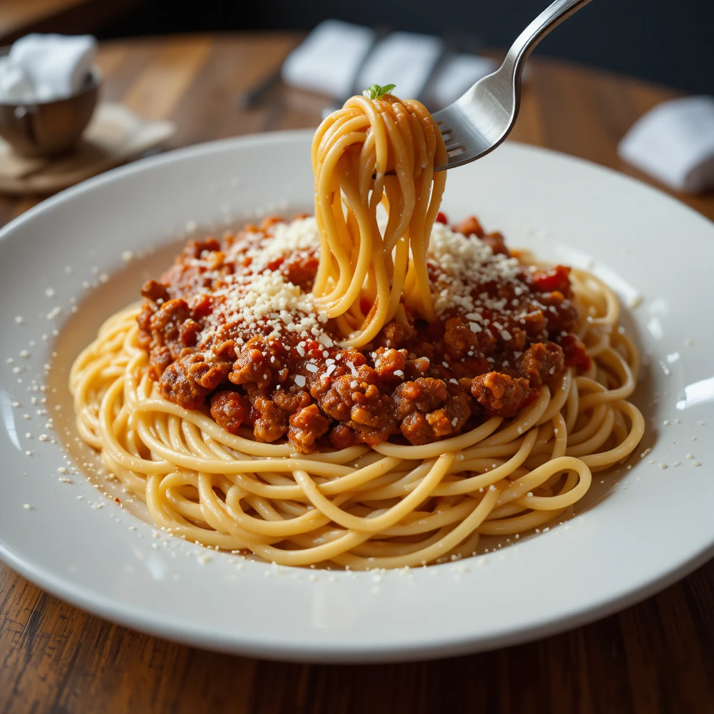 Final served Spaghetti Bolognese with parmesan - 10/10 Quality