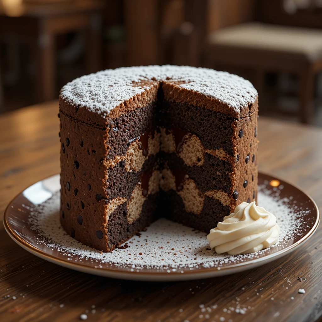 Final served Chocolate Chip Cake showing melted chocolate layers - 10/10 Quality
