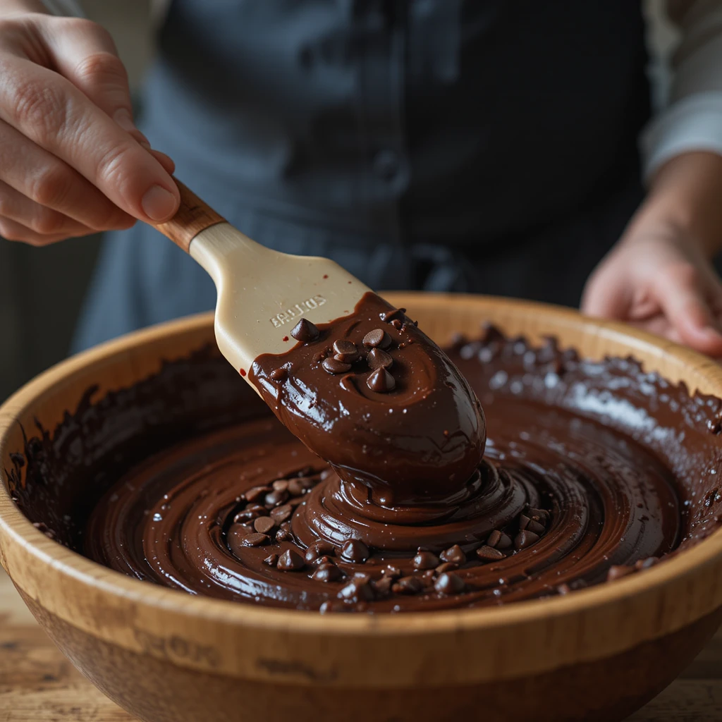 Chef folding chocolate chips into a glossy cake batter - Professional Baking technique