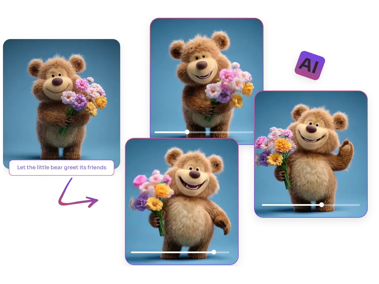 ein niedliches Bärenvideo, erstellt aus einem Bärenbild mit Blumen in der Hand