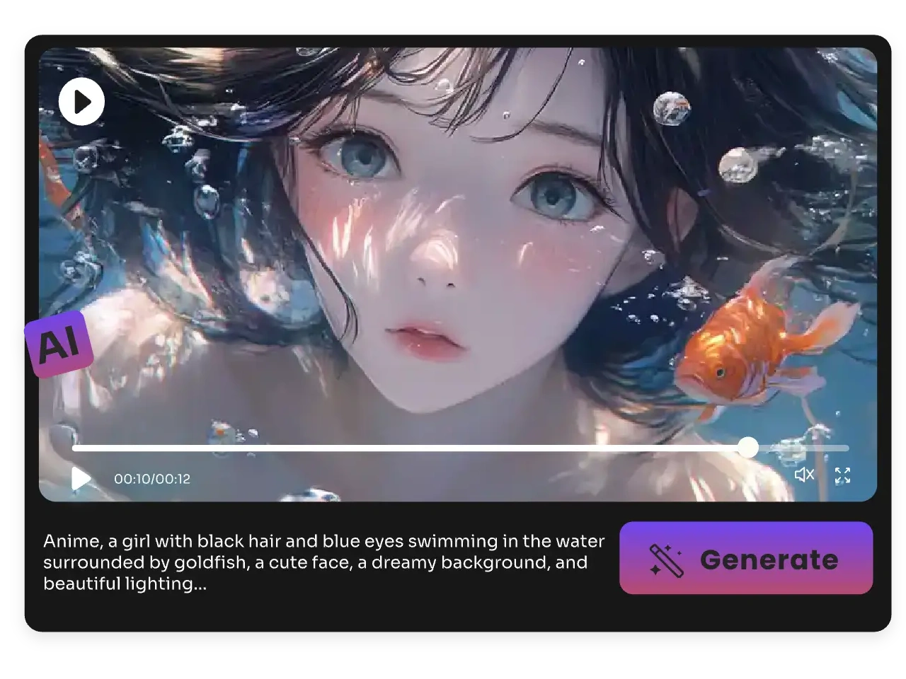 ein Anime-Video eines Mädchens unter Wasser mit einem Goldfisch, erstellt im PicLumen KI-Videogenerator aus einem Prompt