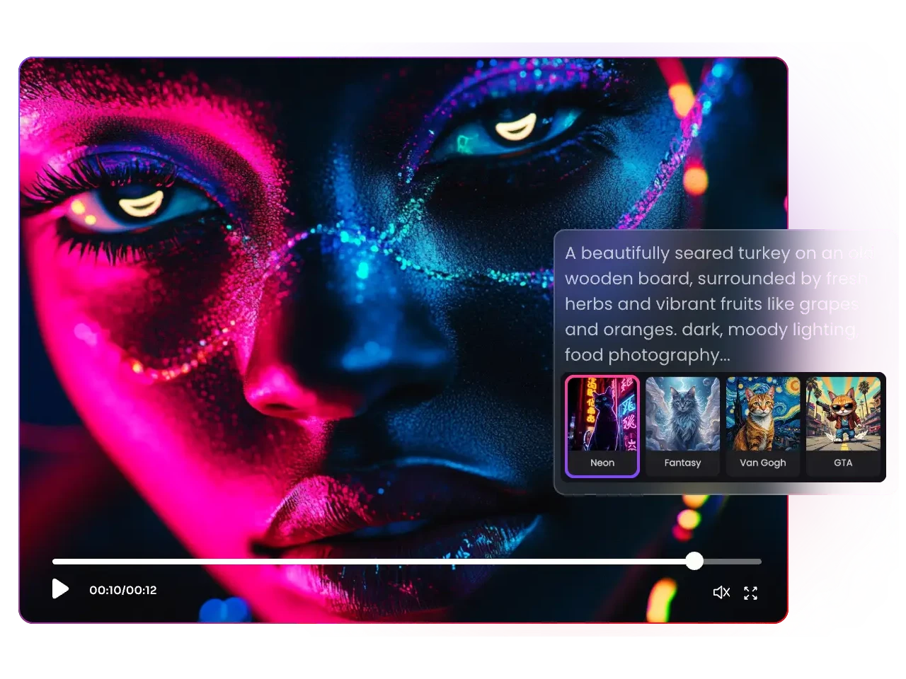ein cooles Neon-Porträtvideo, erstellt im PicLumen KI-Videogenerator mit einer Stil-Auswahlbox