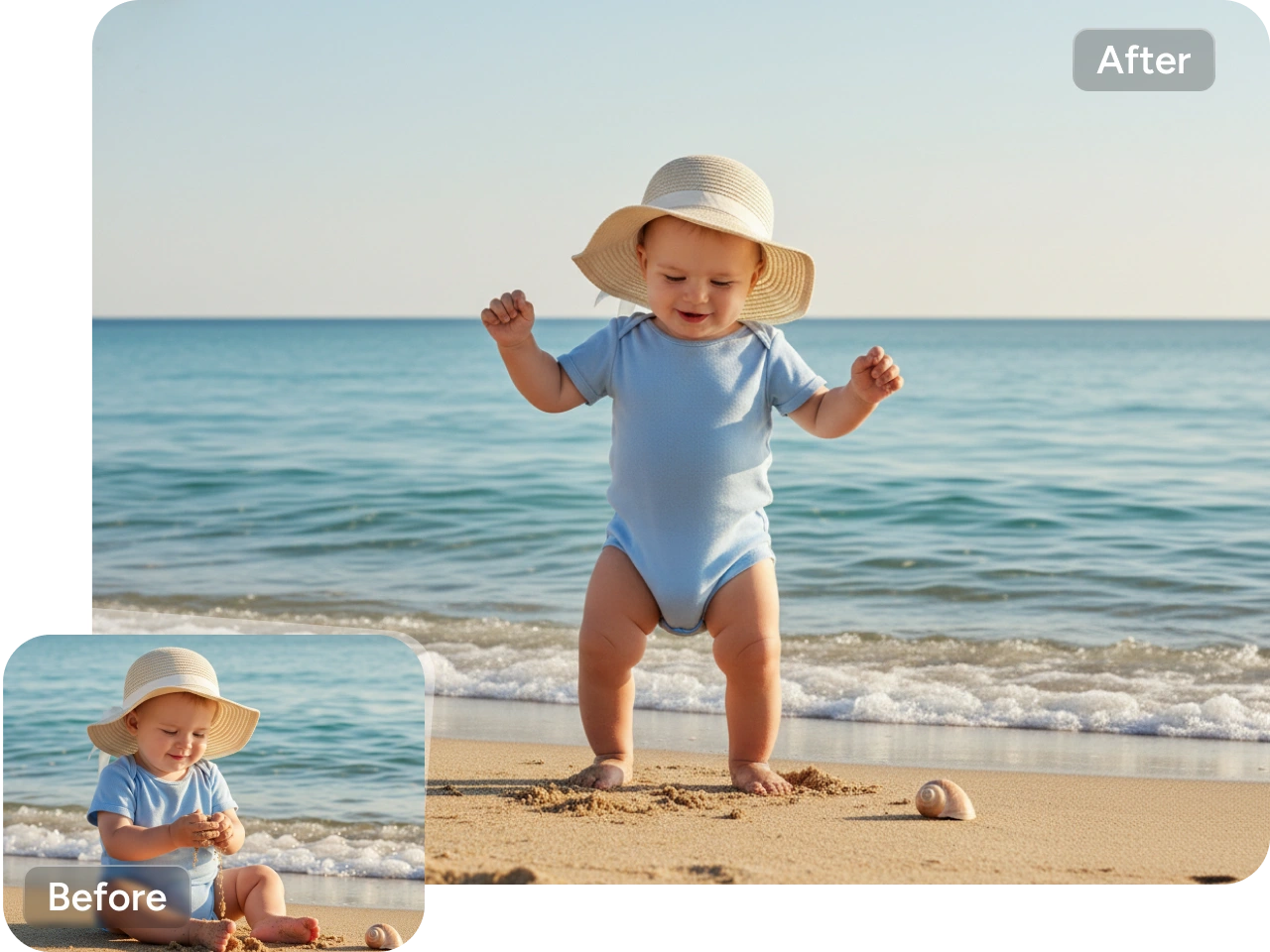 en utilisant une vidéo générée à partir d’une photo de bébé portant un costume bleu clair et dansant sur la plage