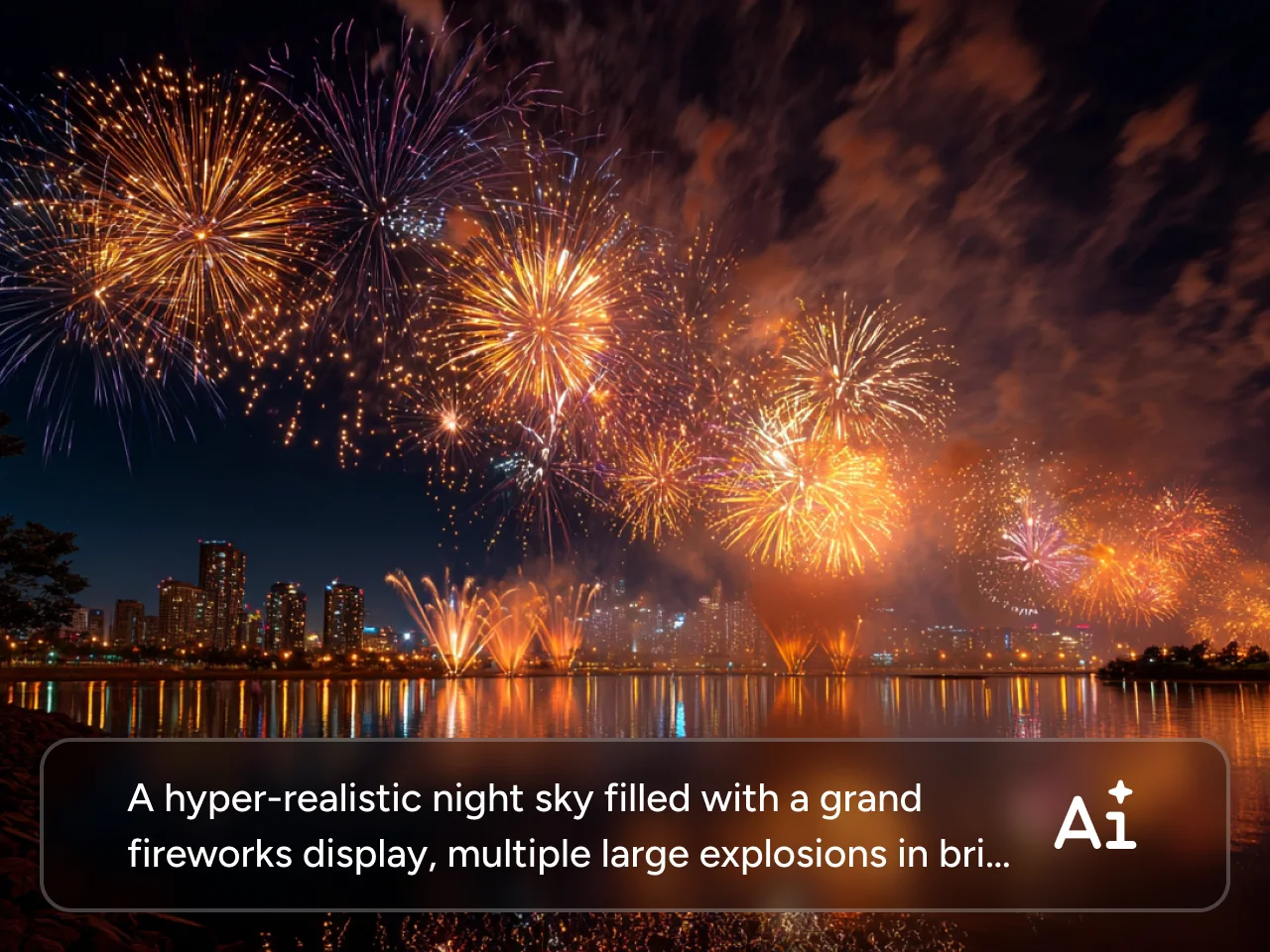 um vídeo em gif gerado por IA mostrando um skyline noturno com fogos de artifício