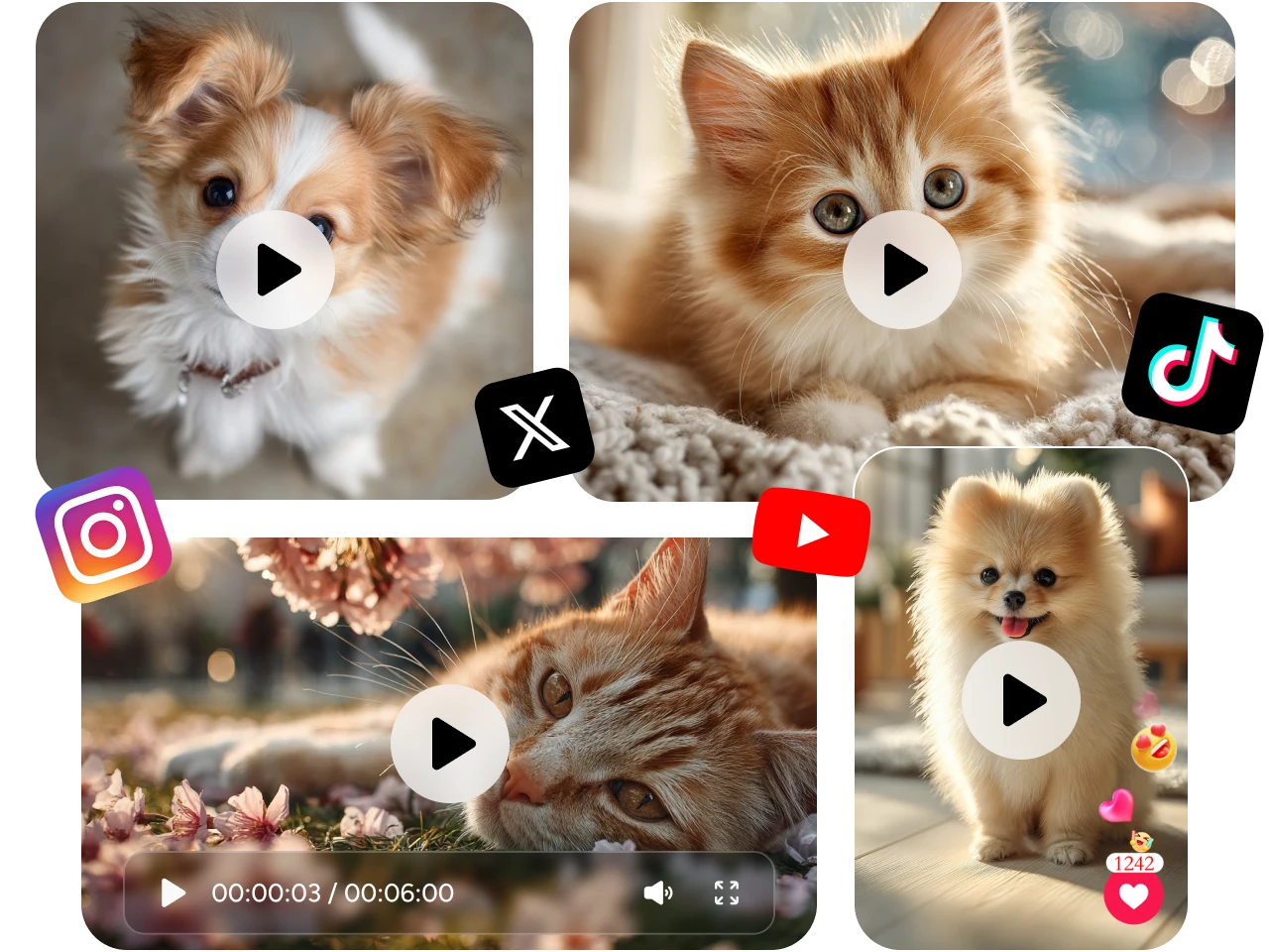 um vídeo em gif para redes sociais de um gatinho e um filhote de cachorro gerado por IA