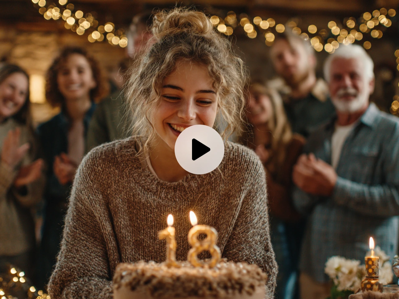a young woman smiling at an 18th birthday cake surrounded by clapping family