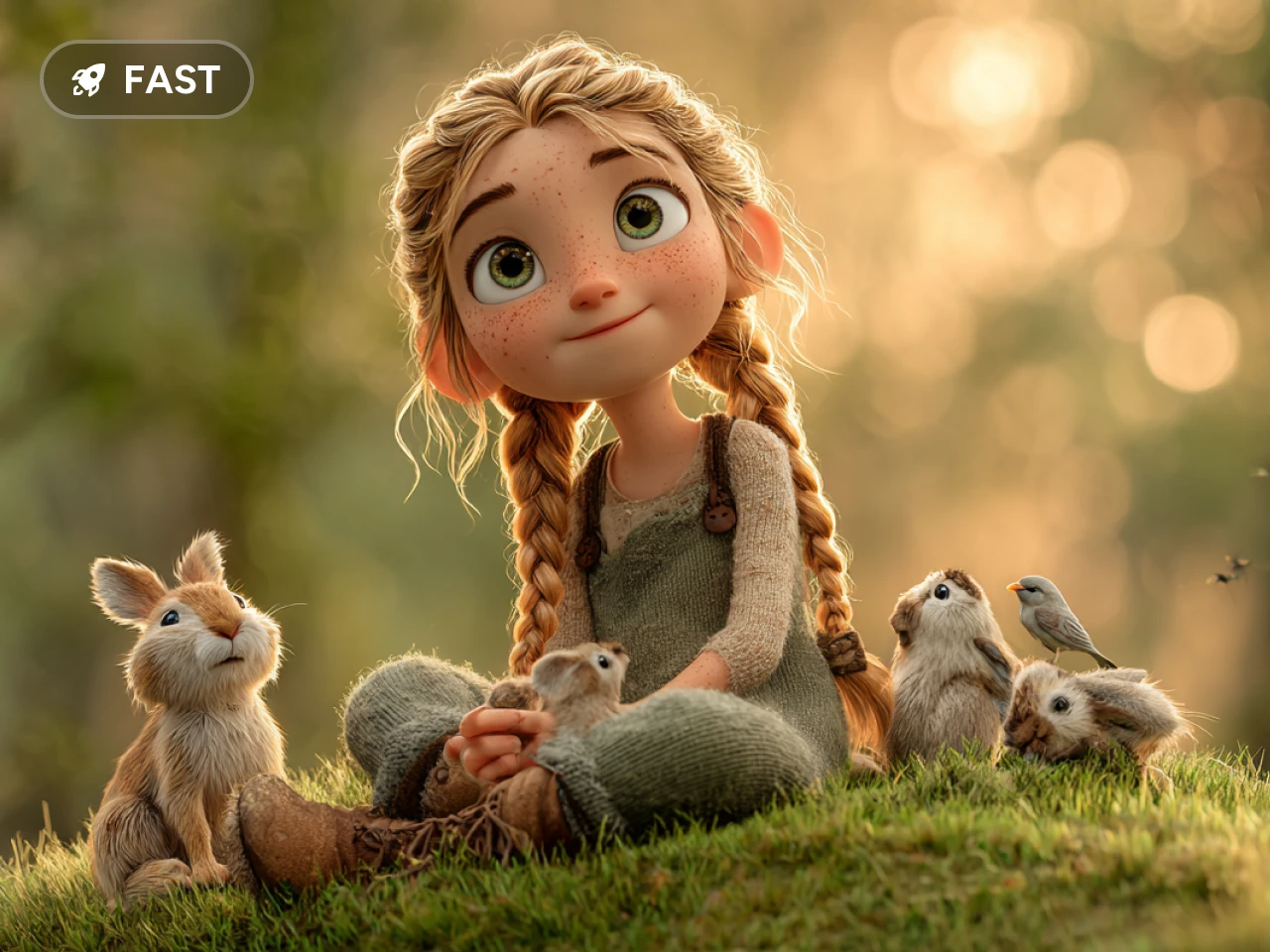 3D animated girl with blonde braids sitting in a sunny field with a rabbit and small animals

