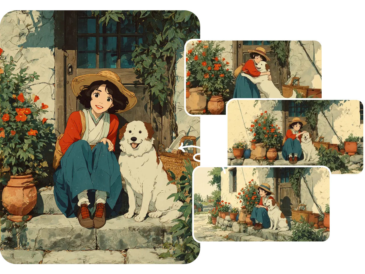 a ghibli style image of a girl in a straw hat sitting on steps with a large white dog
