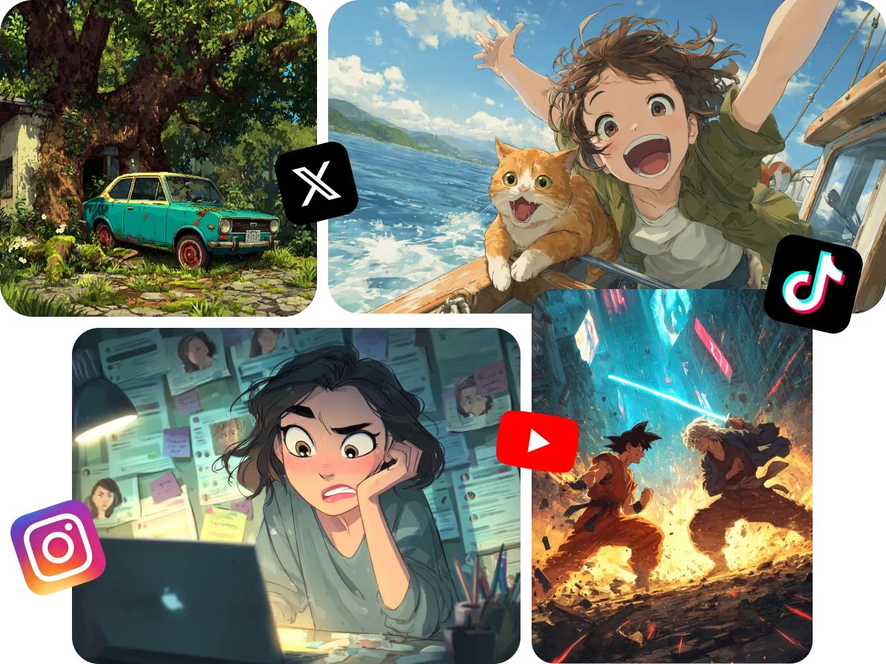 collage of anime-style images with social media icons for social media
