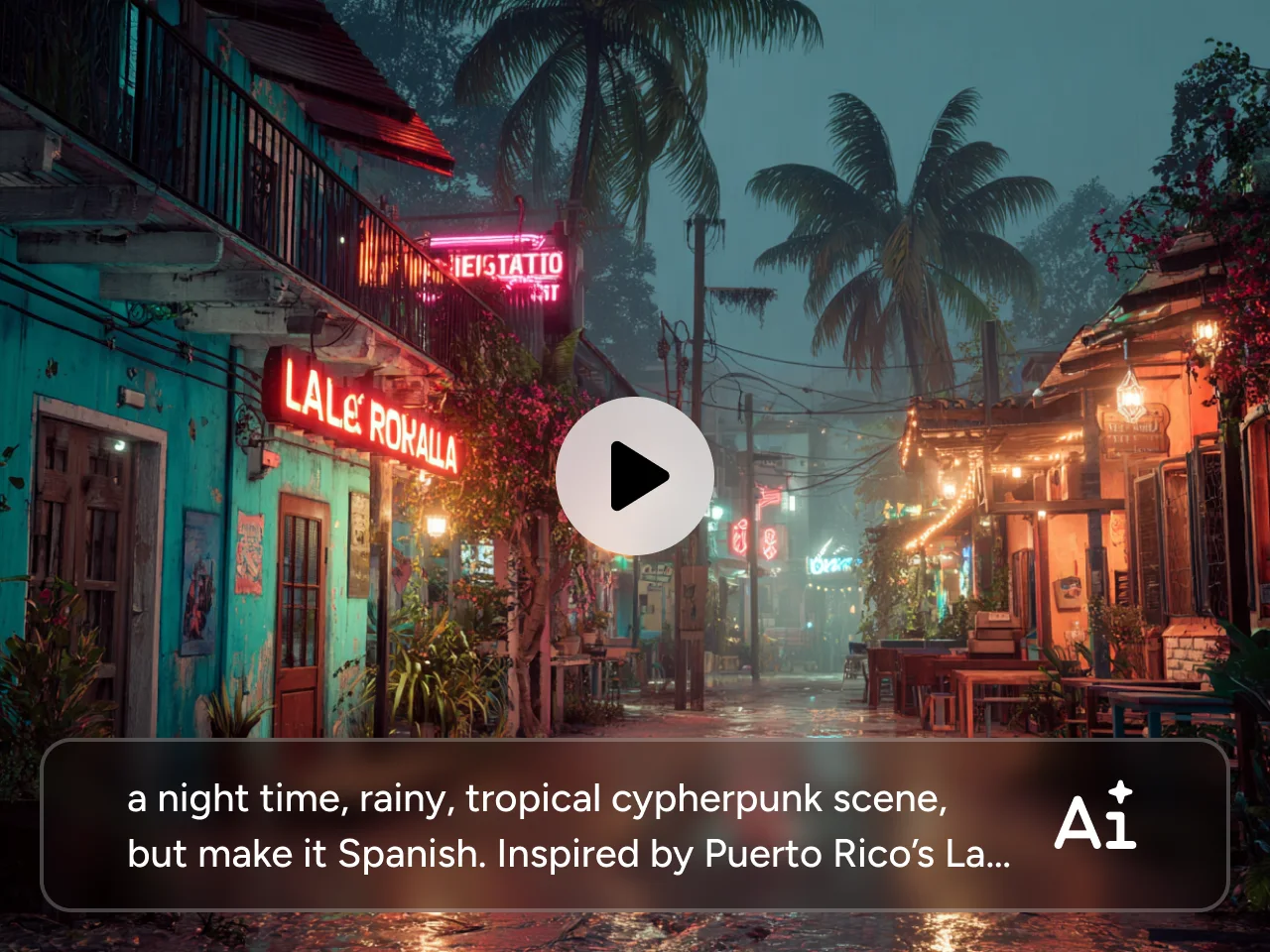 cyberpunk tropical street at night with neon signs palm trees and a rainy cinematic atmosphere