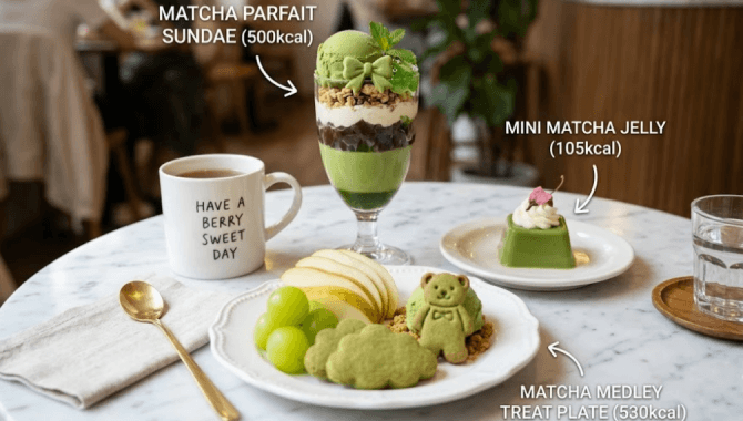 an assortment of matcha desserts and fresh fruit served on a marble cafe table
