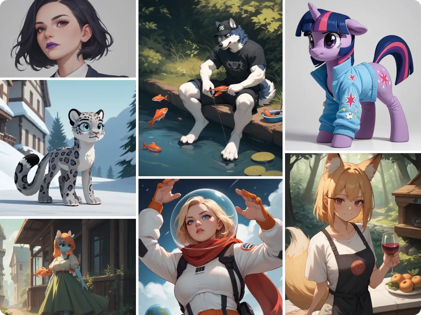 a collage of various anime and furry characters including an astronaut and a pony