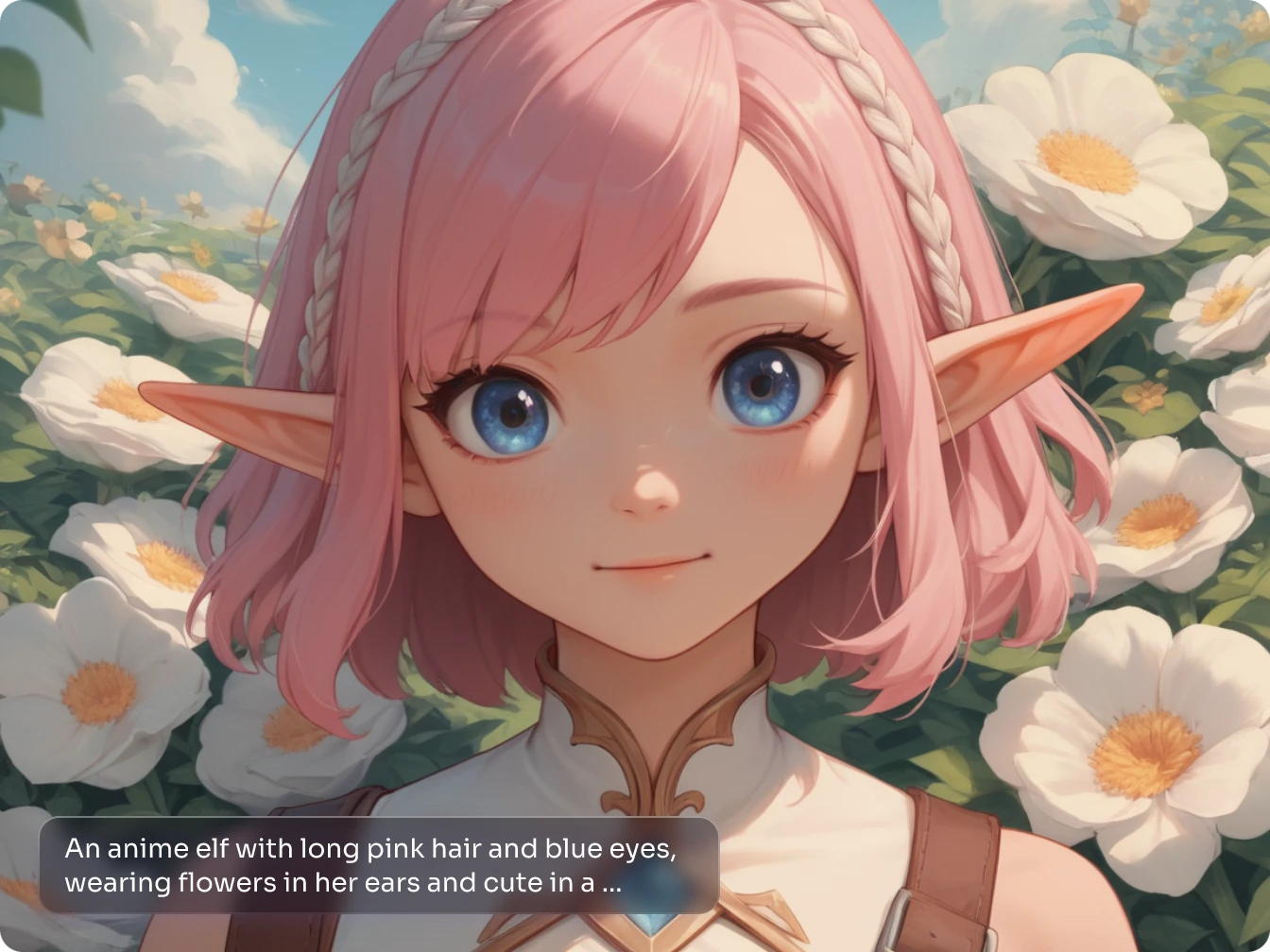 a cute anime elf girl with pink hair and blue eyes smiling in a flower field
