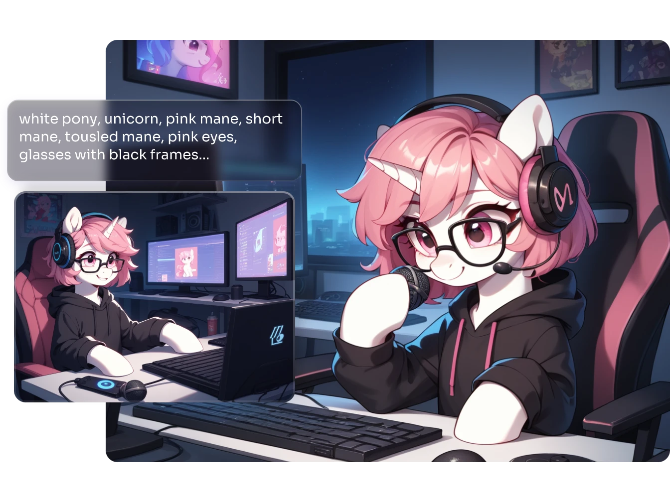 an adorable white unicorn with a pink mane and glasses gaming at a computer desk
