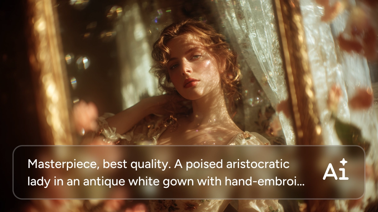 白いガウンを着た女性が、あたたかくきらめく黄金色の光の中で優雅にポーズを取っている