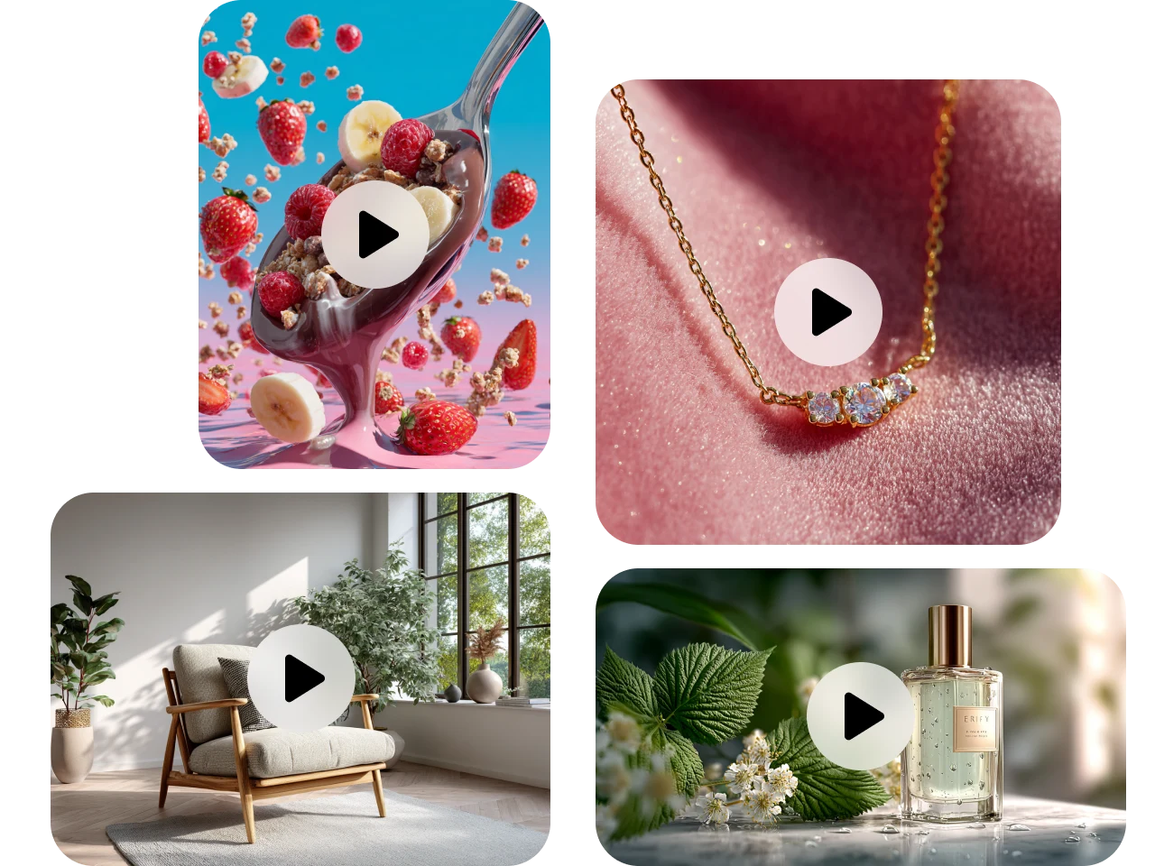 a collage of four high-quality AI video previews featuring food, jewelry, furniture, and perfume
