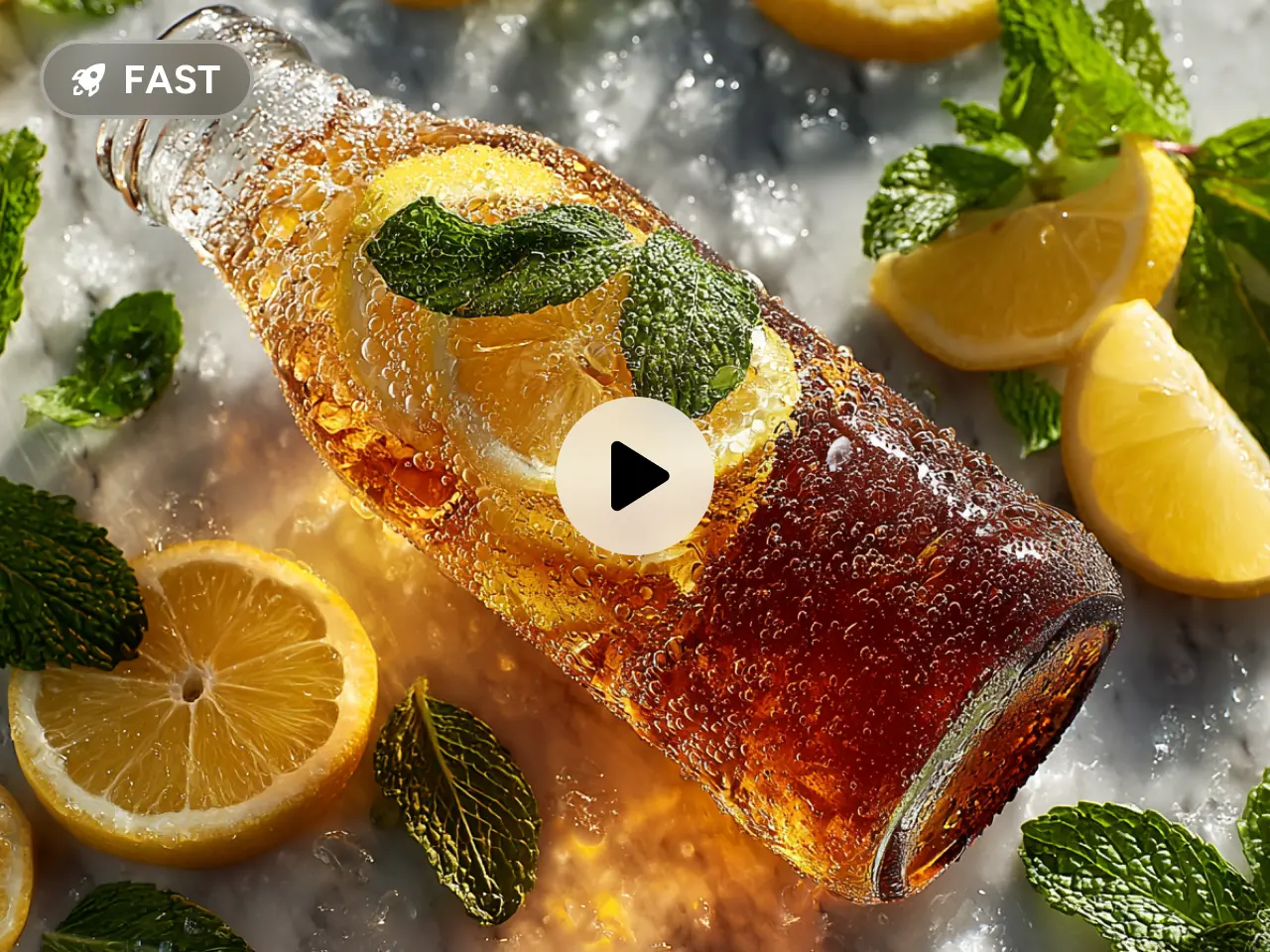 a fizzy iced tea bottle with lemon slices and mint leaves on ice