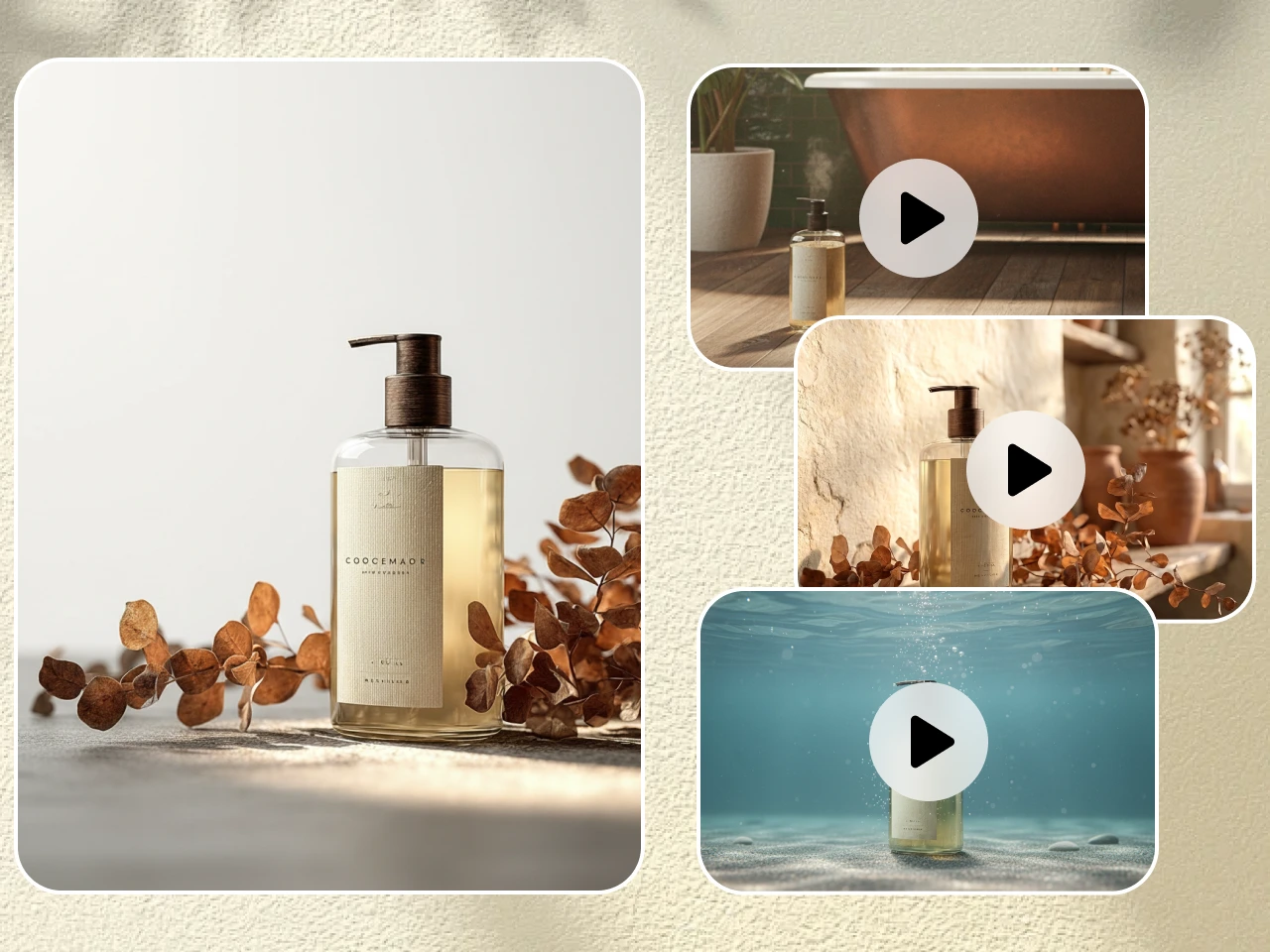 琥珀色のソープボトルのプロダクト動画
