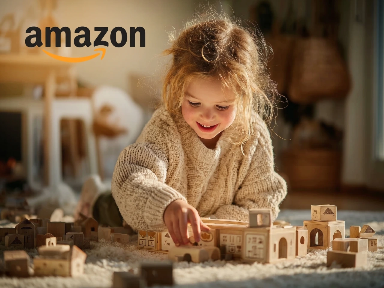 an image of a young girl plays with wooden blocks on a rug
