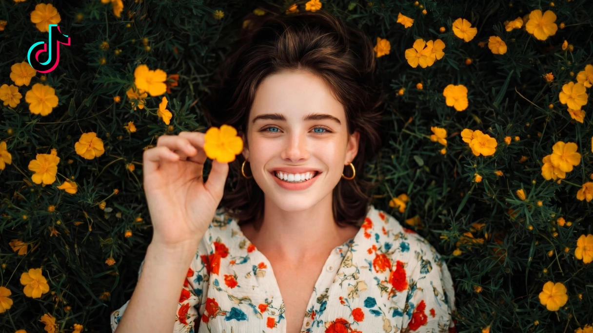 una joven sonriente con ojos azules tumbada sobre flores amarillas