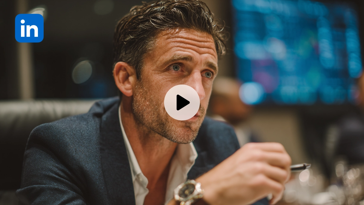 a man in a suit jacket holding a pen focused in a boardroom setting with LinkedIn logo
